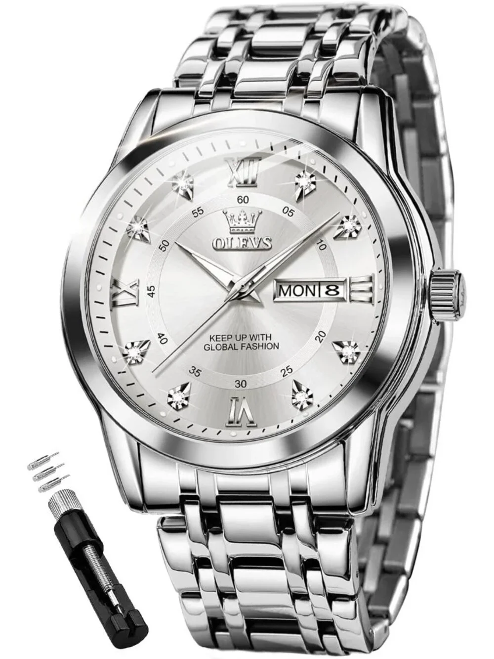 Olevs Men's Silver Diamond Wrist Quartz Stainless Steel Luminous Luxury Watch